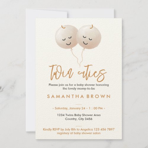 Beige Cute Balloon Twins Baby Shower Invitation