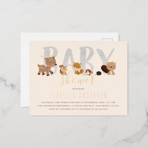 Beige  Cute Woodland Animals Neutral Baby Shower Foil Invitation Postcard