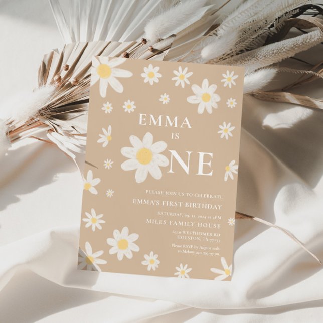 Beige Daisy First 1st Birthday invitation One (Creator Uploaded)