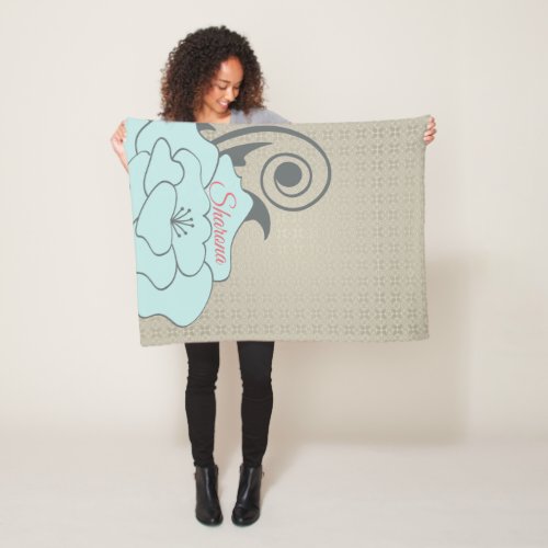 Beige Damask And Blue Flower Fleece Blanket