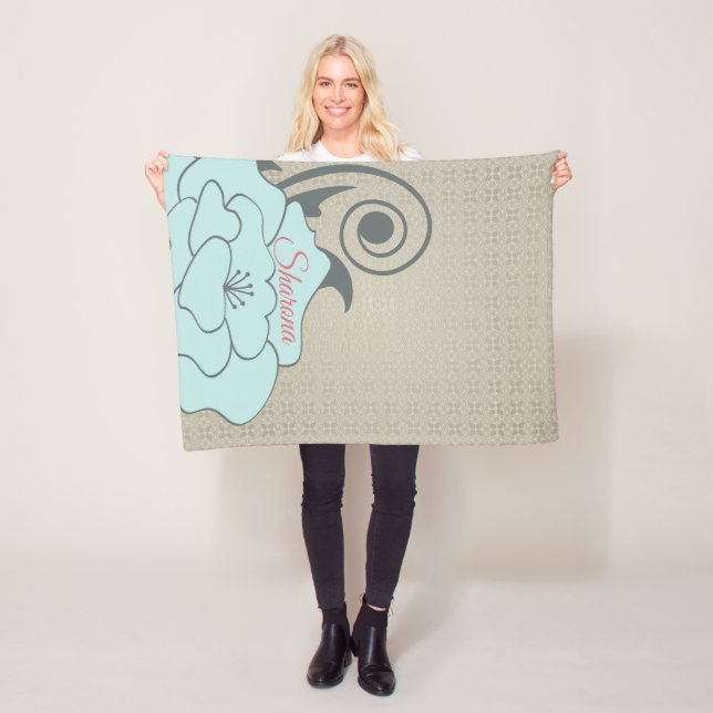 Beige Damask And Blue Flower Fleece Blanket (In Situ)