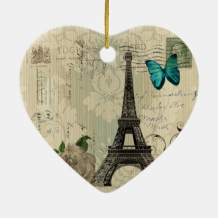 beige Damask butterfly rose Paris Eiffel Tower Ceramic Ornament