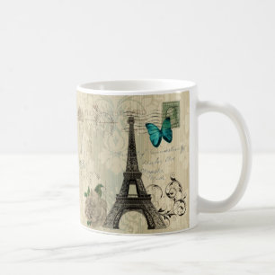 beige Damask butterfly rose Paris Eiffel Tower Coffee Mug