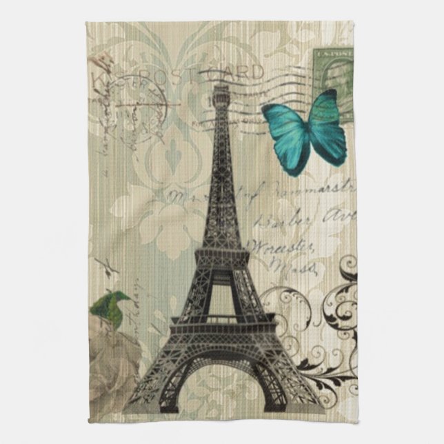 beige Damask butterfly rose Paris Eiffel Tower Kitchen Towel (Vertical)