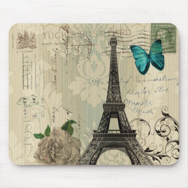 beige Damask butterfly rose Paris Eiffel Tower Mouse Pad (Front)