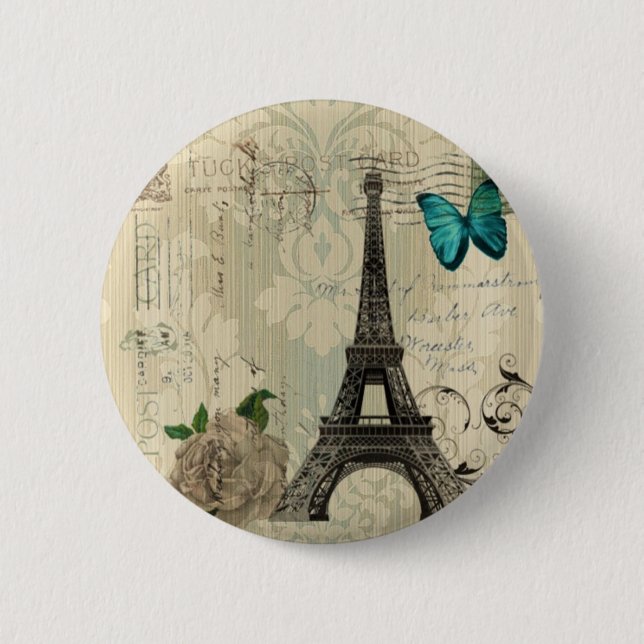 beige Damask butterfly rose Paris Eiffel Tower Pinback Button (Front)