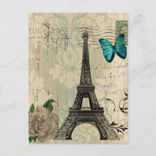 beige Damask butterfly rose Paris Eiffel Tower Postcard (Front)