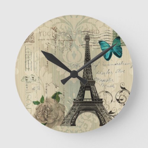 beige Damask butterfly rose Paris Eiffel Tower Round Clock
