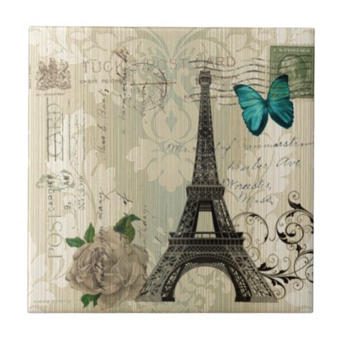 beige Damask butterfly rose Paris Eiffel Tower Tile