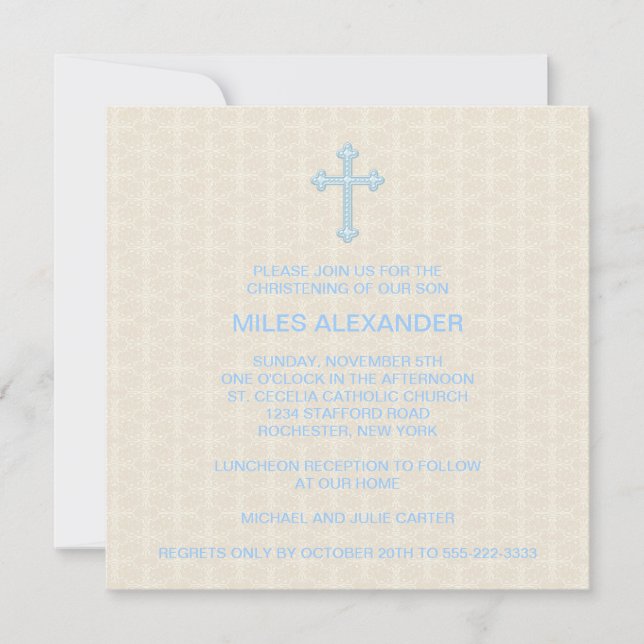 Beige Damask Cross Blue Boy Christening Invitation (Front)