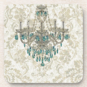 beige Damask French Country blue Chandelier Drink Coaster
