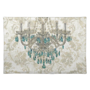 beige Damask French Country blue Chandelier Placemat
