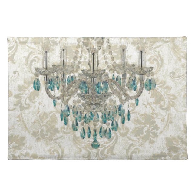 beige Damask French Country blue Chandelier Placemat (Front)