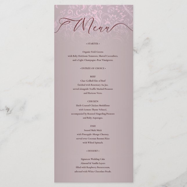Beige Damask Ornate Wedding Menu Card (Front)