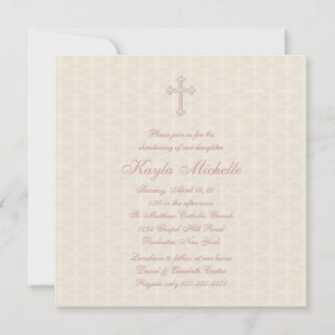 Beige Damask Pink Baby Girl Christening Invitation