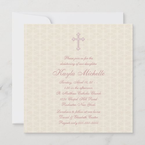 Beige Damask Pink Baby Girl Christening Personalized Announcement