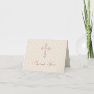 Beige Damask Pink Cross Thank You Card