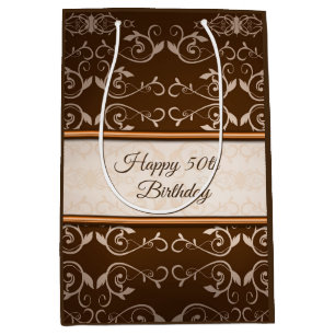 Beige Damask Rose Gold Stripes Medium Gift Bag