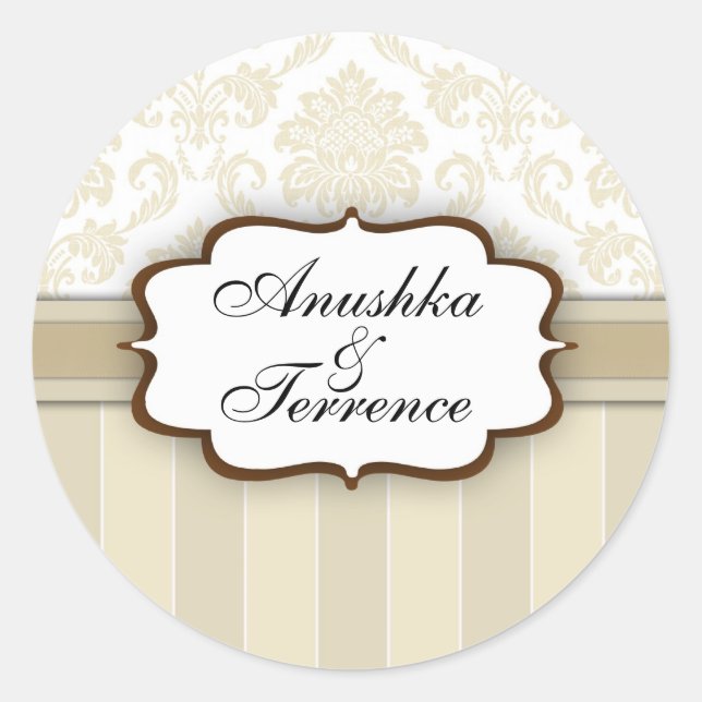 Beige Damask Stripe Wedding Sticker (Front)