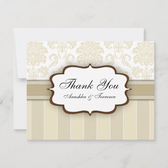 Beige Damask Stripe Wedding Thank You Card (Front)
