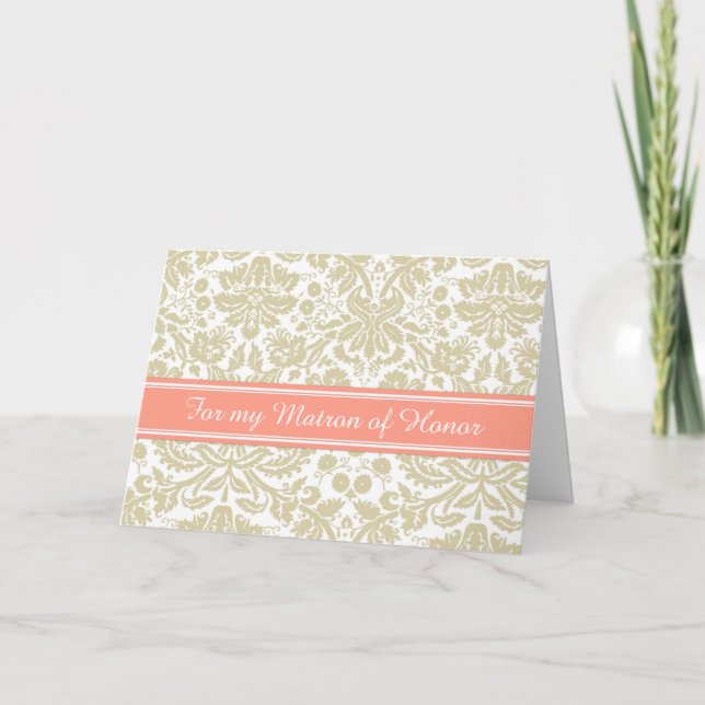 Beige Damask Thank You Matron of Honor Card (Front)