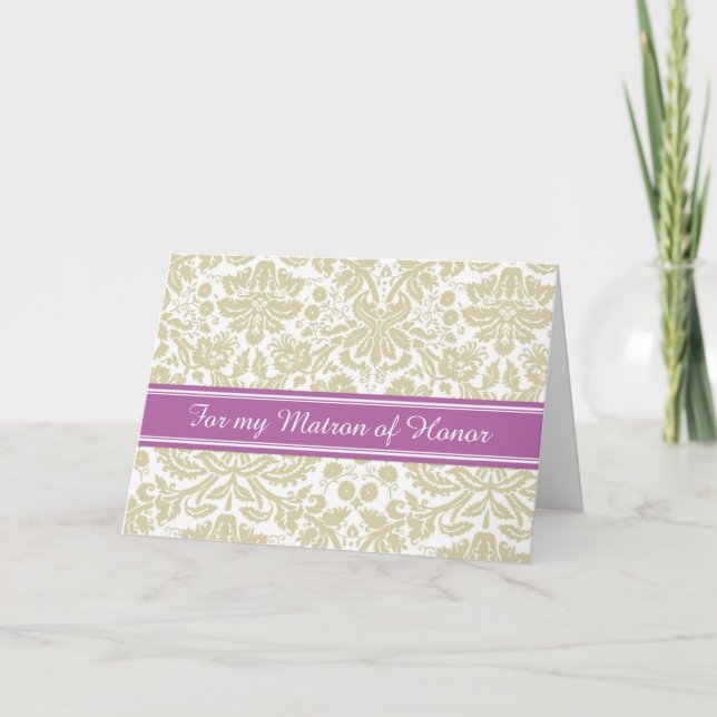 Beige Damask Thank You Matron of Honor Card (Front)