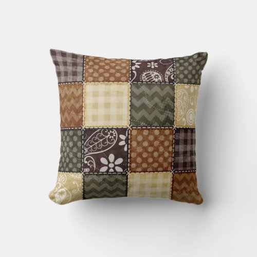 Beige Dark Brown and Olive Green Quilt look Throw Pillow