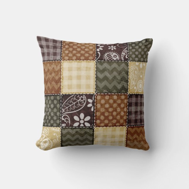 Beige, Dark Brown, and Olive Green Quilt look Throw Pillow (Front)