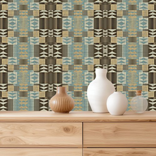 Beige Dark Brown Teal Seafoam Green Tribal Art Wallpaper