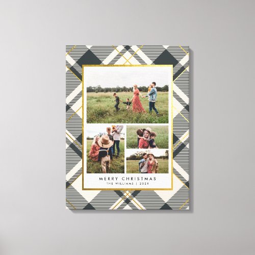 Beige Dark Green Tartan 4 Photo Collage Christmas Canvas Print