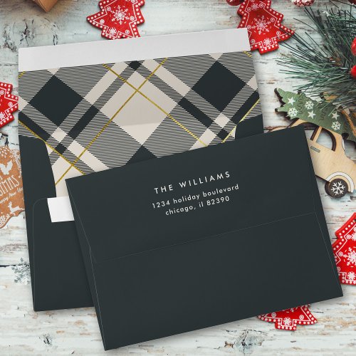 Beige  Dark Green Tartan Christmas Pre_addressed Envelope