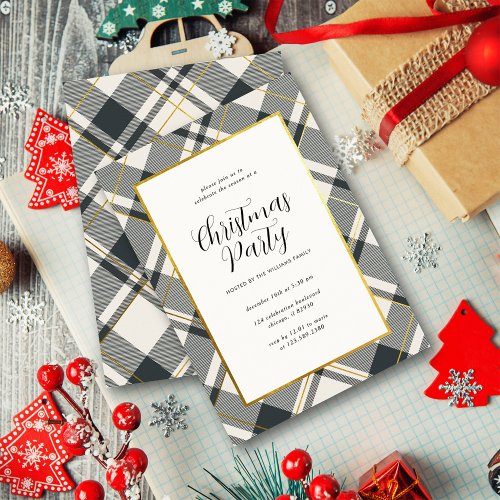 Beige  Dark Green Tartan Plaid Christmas Party Invitation