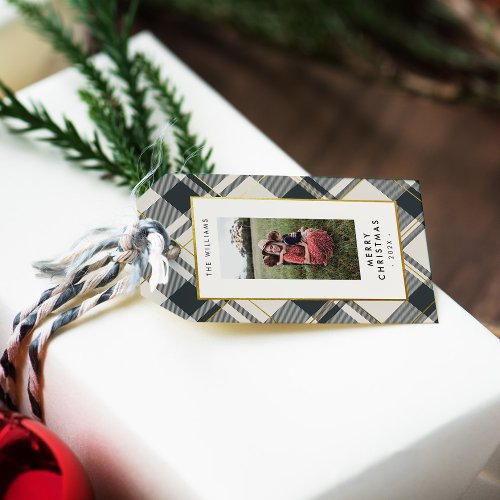 Beige  Dark Green Tartan Plaid Photo Christmas Gift Tags