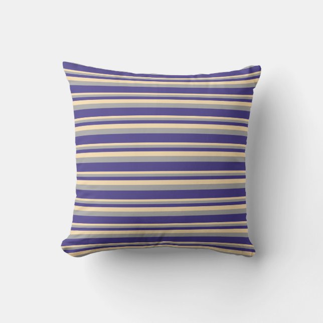 Beige, Dark Grey, and Dark Slate Blue Lines Pillow (Front)