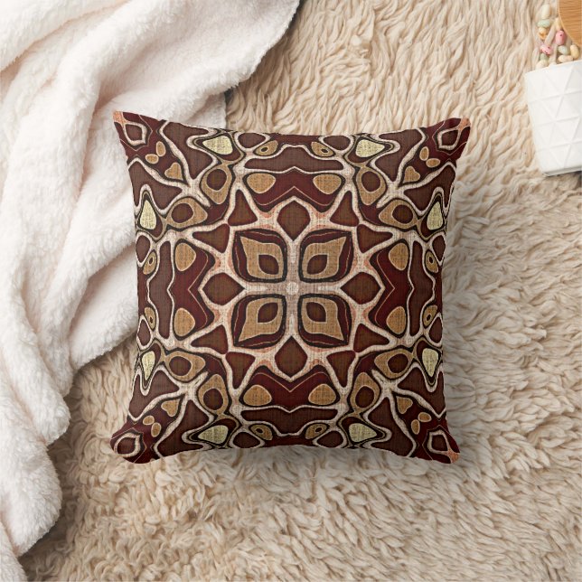 Beige Dark Red Brown Tan Bohemian Art Pattern Throw Pillow (Blanket)