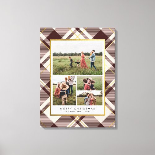 Beige  Dark Red Tartan 4 Photo Collage Christmas Canvas Print