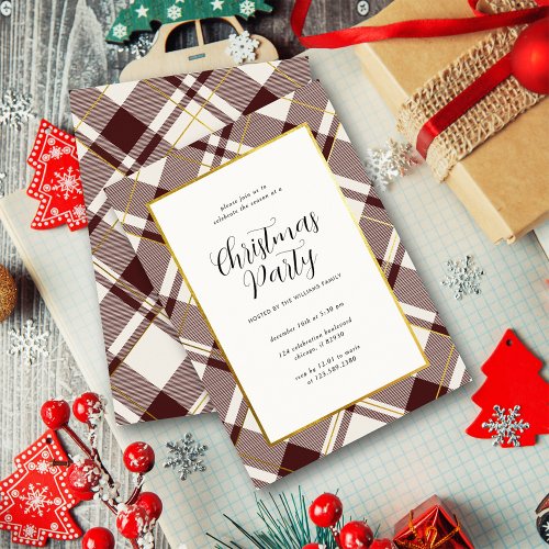 Beige  Dark Red Tartan Plaid Christmas Party Invitation