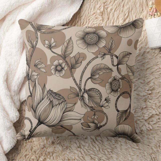Beige Decoration with Flowers Throw Pillow (Blanket)