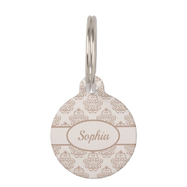 Beige Decorative Damask Pattern & Custom Pet Info ID Tag (Front)