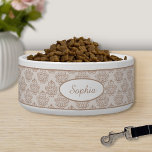 Beige Decorative Damask Pattern With Custom Name Bowl<br><div class="desc">Beautiful beige brown vintage damask pattern background with a personalizable text area for the name of the pet. The font is a lovely script font in beige color.</div>