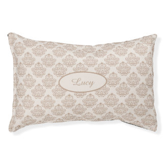 Beige Decorative Damask Pattern With Custom Name Pet Bed