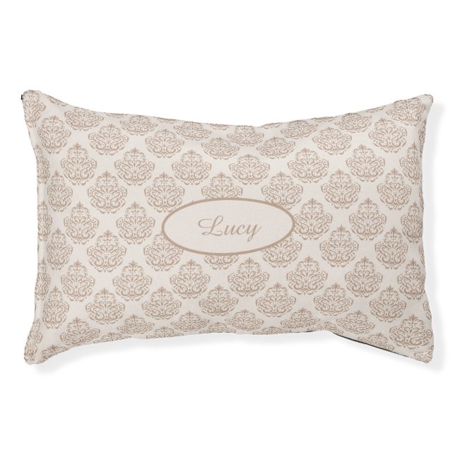 Beige Decorative Damask Pattern With Custom Name Pet Bed (Front)