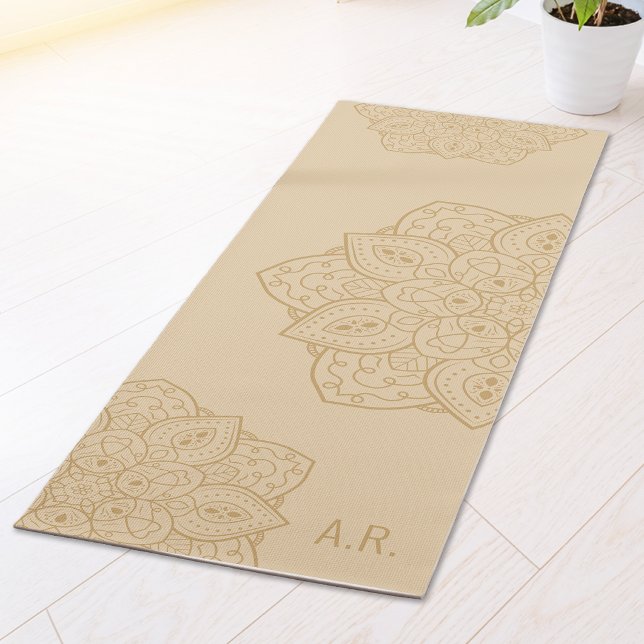 Beige Decorative Modern Mandala With Initials Yoga Mat (Creator Uploaded)