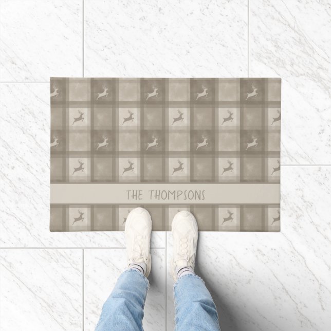 Beige Deer Plaid Pattern And Family Name Christmas Doormat (Indoor)