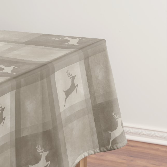 Beige Deer Plaid Watercolor Texture Christmas Tablecloth (In Situ)