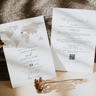 Beige Destination Watercolor Map Travel Wedding Invitation