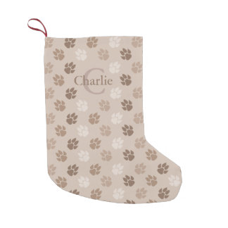 Beige Dog Paw Print Pattern With Monogram And Name Small Christmas Stocking