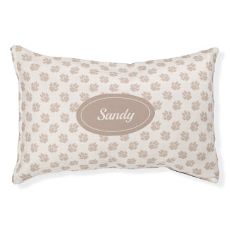 Beige Dog Paws Pattern With Custom Name Pet Bed