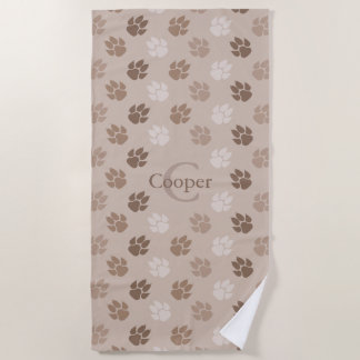 Beige Dog Paws With Name And Monogram Beach Towel
