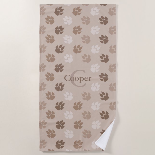 Beige Dog Paws With Name And Monogram Beach Towel (Front)